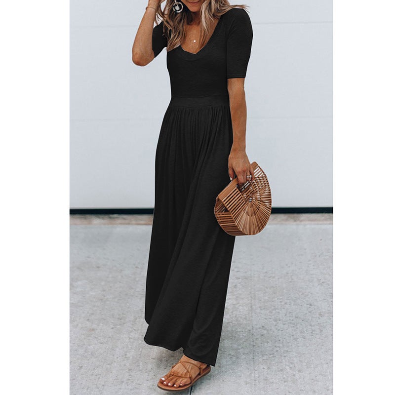 Spot eBay hot style European and American women's clothing new round neck short-sleeved long jumpsuit OM9022 Redwine M - Image 5