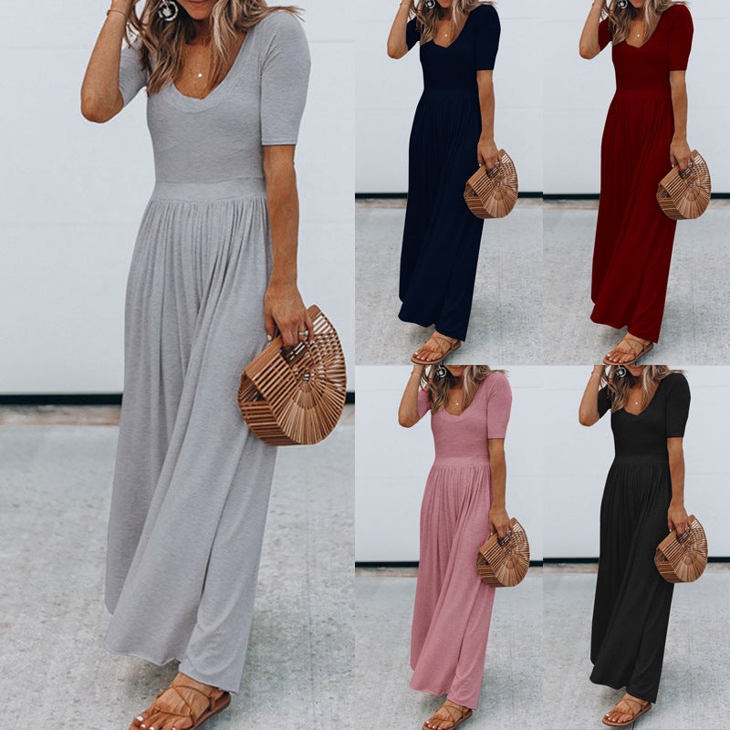 Spot eBay hot style European and American women's clothing new round neck short-sleeved long jumpsuit OM9022 Redwine M - Image 2