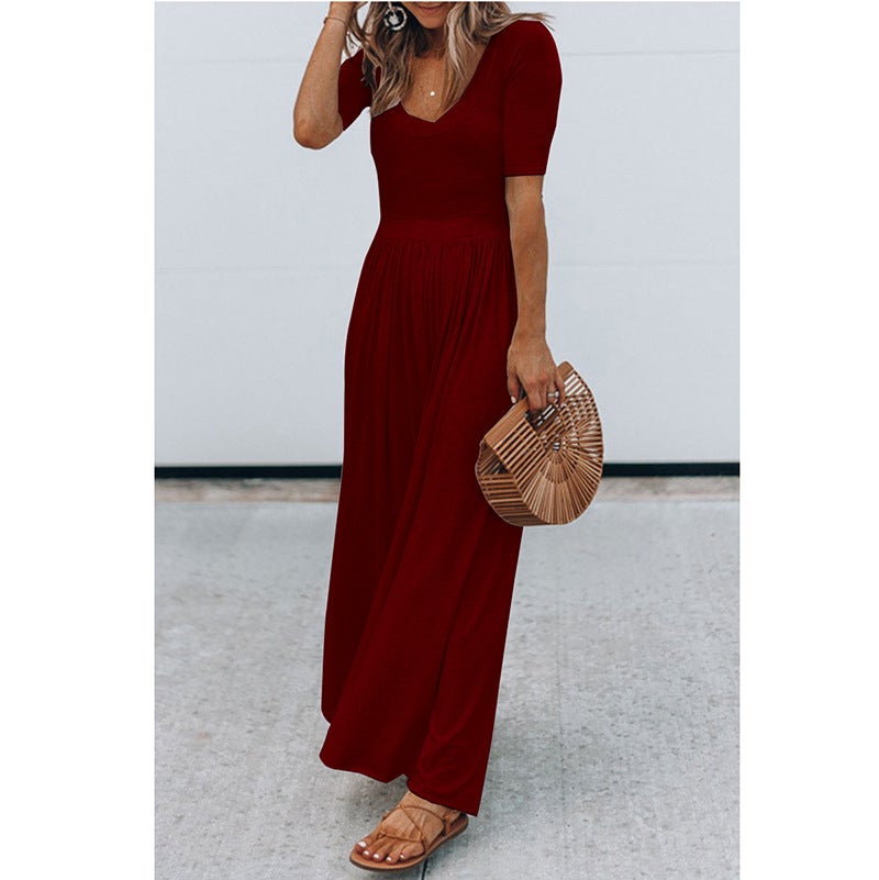 Spot eBay hot style European and American women's clothing new round neck short-sleeved long jumpsuit OM9022 Redwine M - Image 1