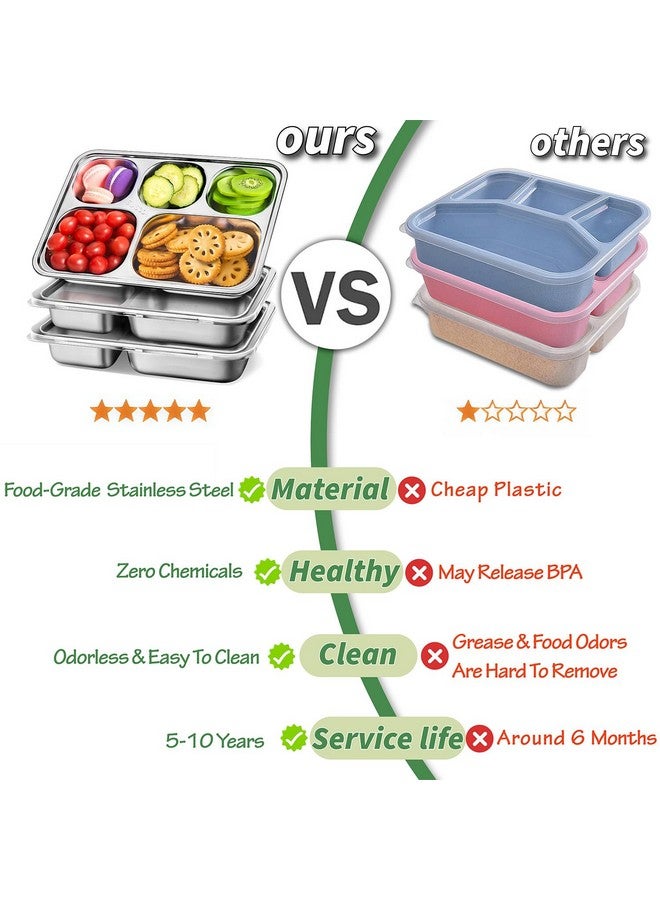 KTKUDY Stainless Steel Snack Containers with Lids - 3 Pack - 5 Compartments Bento Snack Boxes - Reusable Meal Prep Lunch Containers for Kids Adults - Divided Food Storage Containers for School Home Travel - Image 3