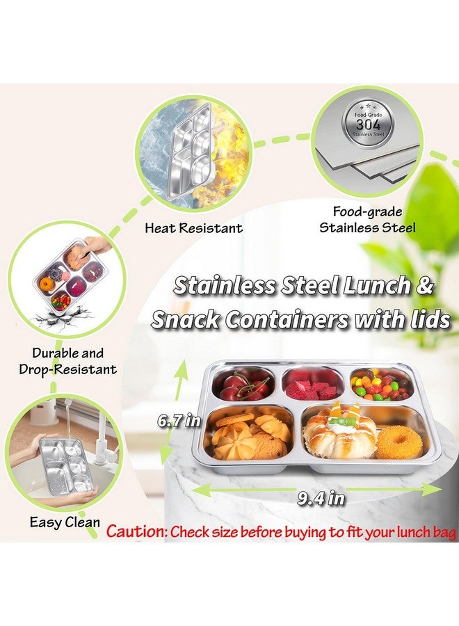 KTKUDY Stainless Steel Snack Containers with Lids - 3 Pack - 5 Compartments Bento Snack Boxes - Reusable Meal Prep Lunch Containers for Kids Adults - Divided Food Storage Containers for School Home Travel - Image 2