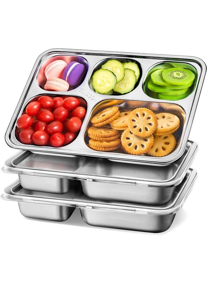KTKUDY Stainless Steel Snack Containers with Lids - 3 Pack - 5 Compartments Bento Snack Boxes - Reusable Meal Prep Lunch Containers for Kids Adults - Divided Food Storage Containers for School Home Travel - Image 1