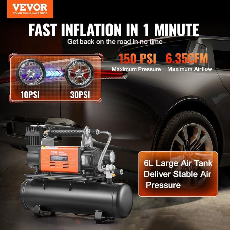 VEVOR 12V High Performance Air Compressor with 6L Tank Kit, Portable 6.35CFM Tyre Inflator, 150 PSI Off-Road Air Compressor with Digital Pressure Gauge, Tyre Inflator for Trucks, Cars, SUVs, 4x4 - Image 2