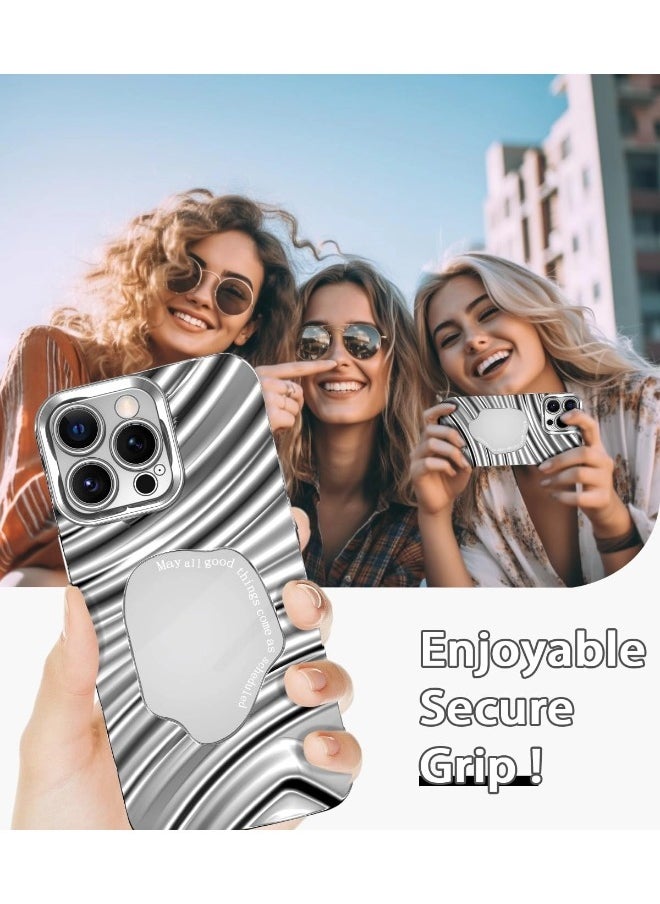 ShebSheb iPhone 13 Pro MAX Case Silver Mirror Water Wave Pattern Cute Simple Stylish Aesthetic Personalized Design for Women Girls Electroplated Phone Case  - Image 3