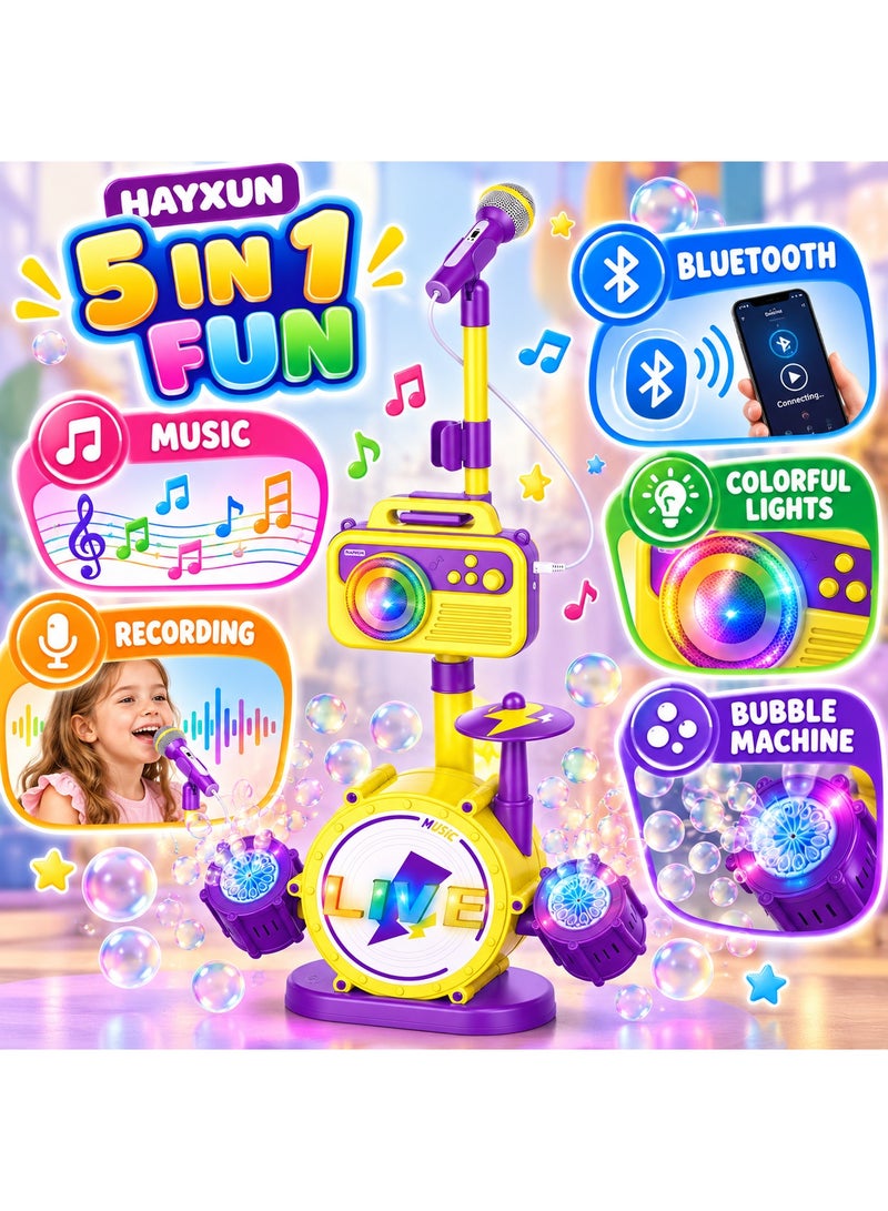 Bubble Machine HAYXUN Drum Set Bubble Machine For Kids, Musical Toy With Bluetooth, Recording, Microphone, Colorful Lights & Adjustable Height - Image 2