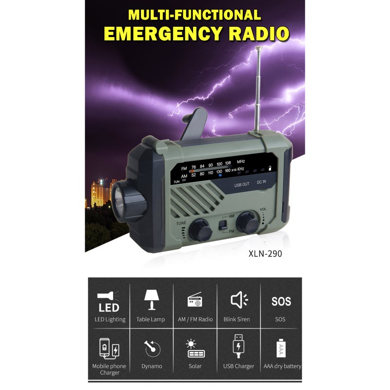 Digital FM AM Radio Outdoor Emergency Lamp Solar Hand Crank Radio Flashlight LED Reading Light SOS Alarm 2000mAh Battery USB Output - Image 4