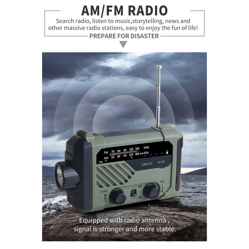 Digital FM AM Radio Outdoor Emergency Lamp Solar Hand Crank Radio Flashlight LED Reading Light SOS Alarm 2000mAh Battery USB Output - Image 3