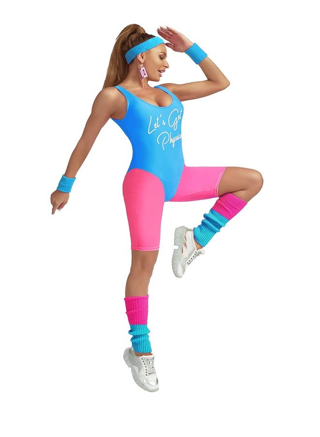 MIAIULIA Womens 80s Workout Costume Outfit 80s Accessories Set Neon Shorts Earring Leg Warmers Headband Wristbands lets get physical Short Blue S - Image 4