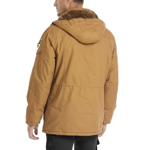 CHEXPEL Men's Thick Winter Jackets with Hood Fleece Lining Cotton Military Jackets Work Coats with Cargo Pockets Khaki S - Image 2