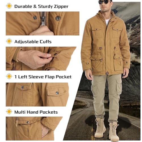 CHEXPEL Men's Thick Winter Jackets with Hood Fleece Lining Cotton Military Jackets Work Coats with Cargo Pockets Khaki S - Image 5