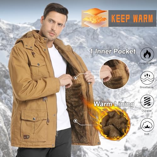 CHEXPEL Men's Thick Winter Jackets with Hood Fleece Lining Cotton Military Jackets Work Coats with Cargo Pockets Khaki S - Image 3