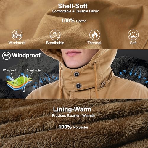 CHEXPEL Men's Thick Winter Jackets with Hood Fleece Lining Cotton Military Jackets Work Coats with Cargo Pockets Khaki S - Image 4