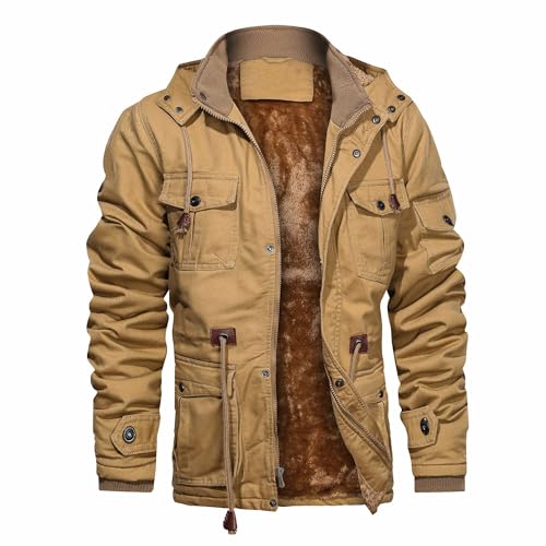 CHEXPEL Men's Thick Winter Jackets with Hood Fleece Lining Cotton Military Jackets Work Coats with Cargo Pockets Khaki S - Image 1