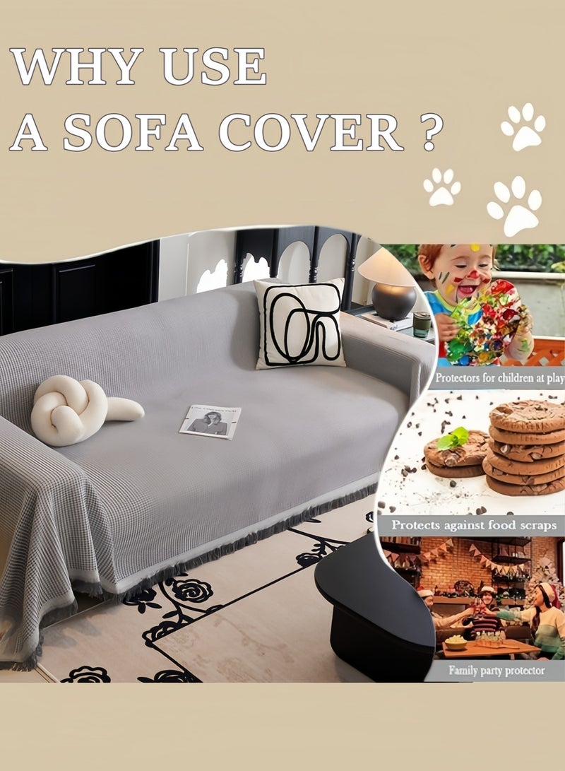 Optico Sofa Cover, Throw Couch Cover Non-Slip Sofa Couch Slipcover Sofa Cover Blanket Couch Protector Furniture Protector with Tassels Machine Washable (Grey, 180 * 230CM) - Image 5