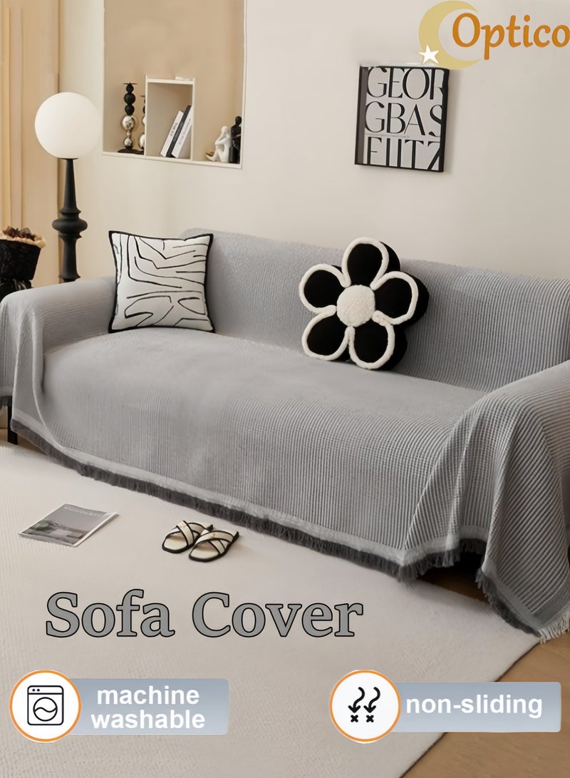 Optico Sofa Cover, Throw Couch Cover Non-Slip Sofa Couch Slipcover Sofa Cover Blanket Couch Protector Furniture Protector with Tassels Machine Washable (Grey, 180 * 230CM) - Image 1