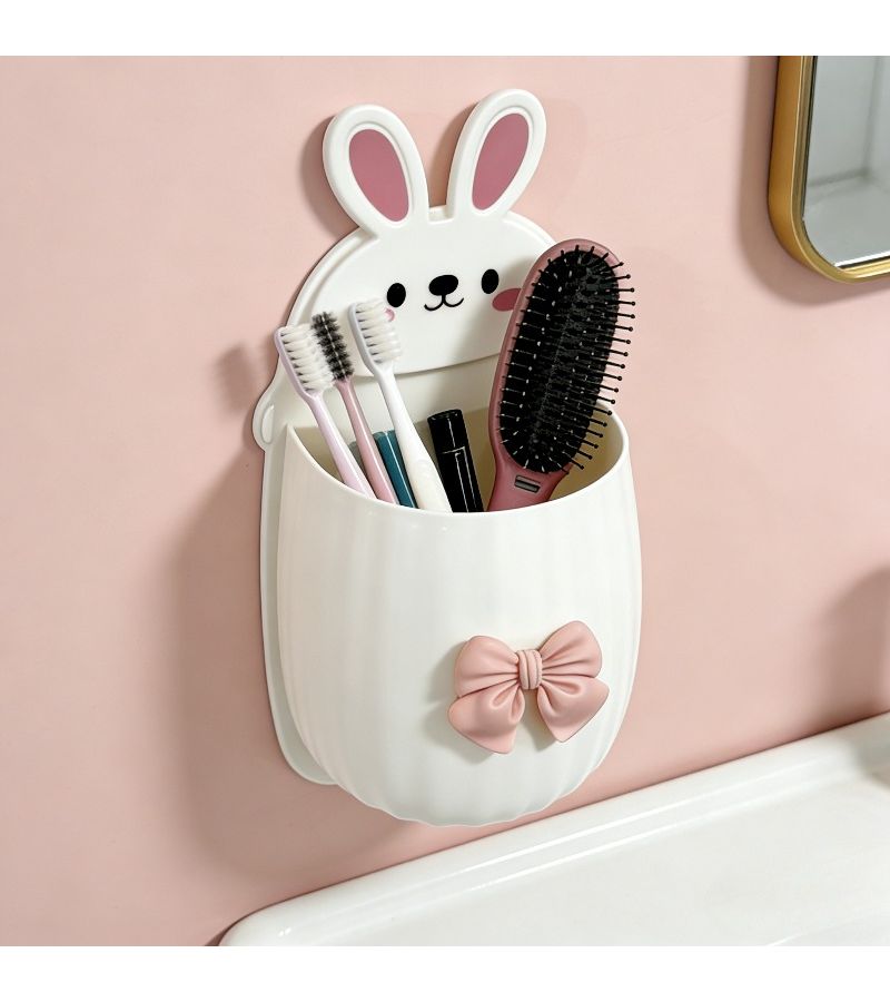 Pink Rabbit Toothpaste Toothbrush Storage Rack Wall Mounted Space Saving Bathroom Organizer - Image 5