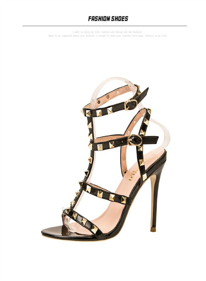 Eloshman 9.5cm Vintage Lacquer Leather Metal Rivet High Heel Sandals Black - Image 3