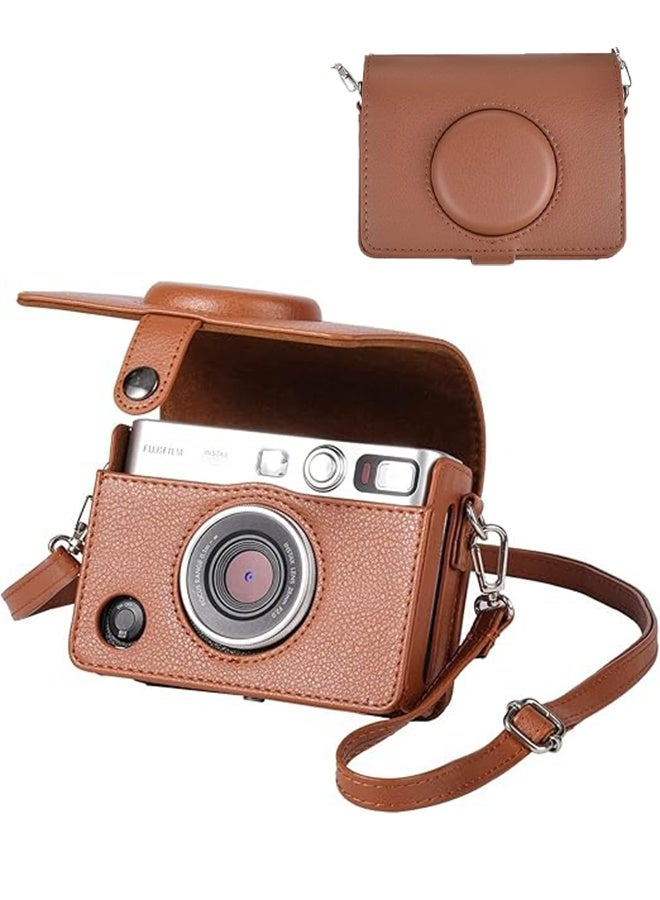 Camera Case for Fuji Mini EVO, PU Leather Camera Protection Case, Adjustable Shoulder Strap in Brown Lychee Texture Horizontal Style - Brown  - Image 1