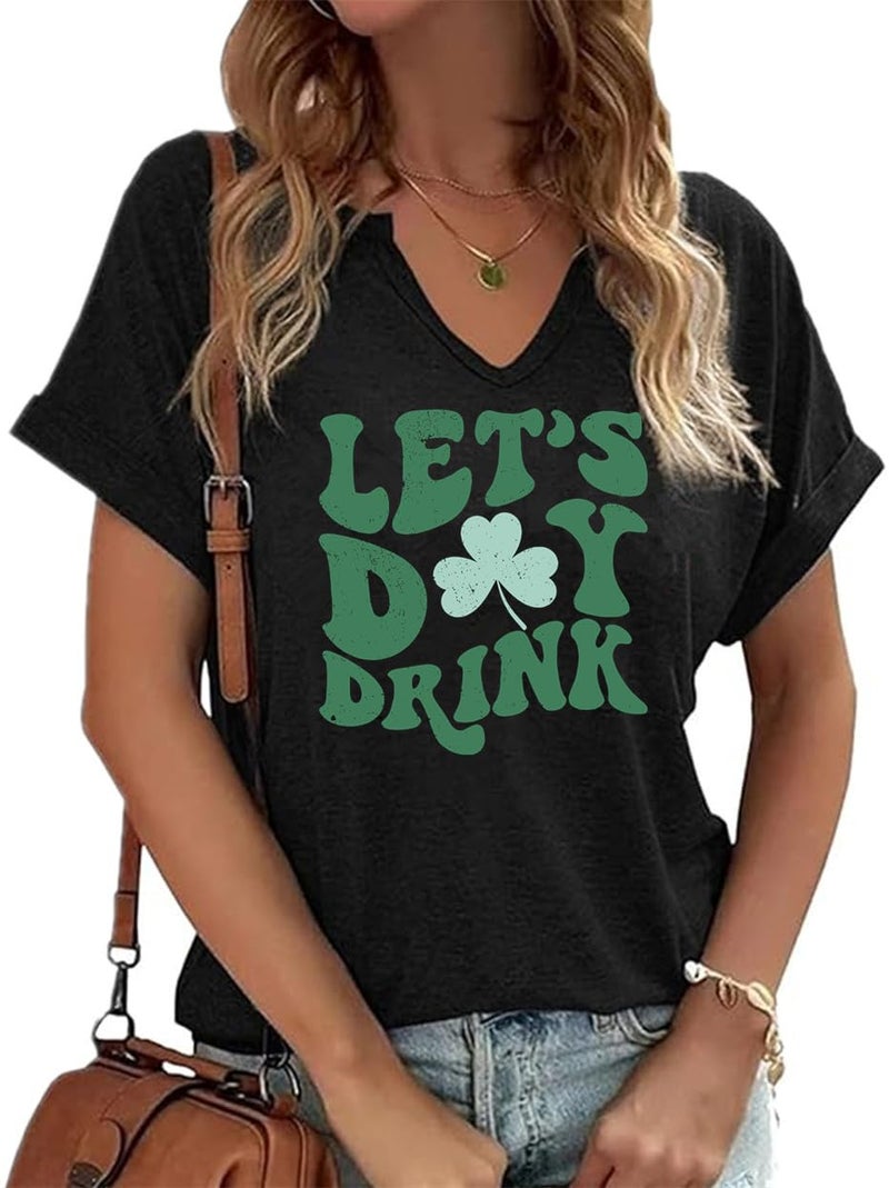 St. Patrick's Day Shirts Women V Neck Lucky Shamrock Clover T-Shirts Irish Festival Graphic Tee Tops(Black-1,XL)