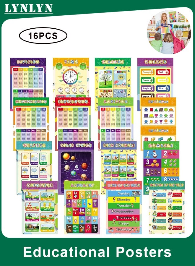 لينلي مجموعة من 16 ملصقًا تعليميًا مغلفًا للأطفال، لوحات جدارية تعليمية مقاومة للماء تتضمن الحروف الأبجدية والأرقام والرياضيات والنظام الشمسي، ديكور للفصول الدراسية والتعليم المنزلي، نقاط لاصقة مرفقة - Image 1