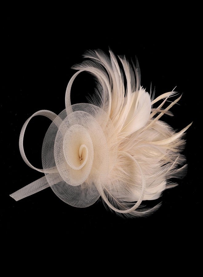 ايذلاند قبعة إيثلاند فاسيناتور مزينة بشرائط شبكية مزينة بالزهور والريش على طوق رأس ومشبك، مناسبة لحفلات الشاي، للبنات والسيدات، لون الشمبانيا - Image 3