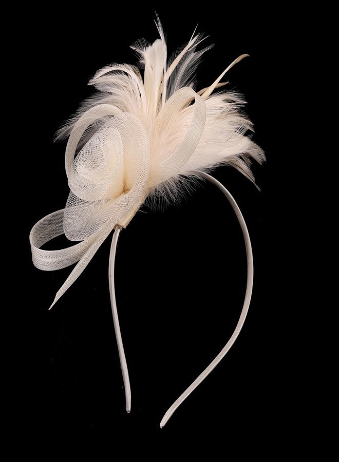 ايذلاند قبعة إيثلاند فاسيناتور مزينة بشرائط شبكية مزينة بالزهور والريش على طوق رأس ومشبك، مناسبة لحفلات الشاي، للبنات والسيدات، لون الشمبانيا - Image 2