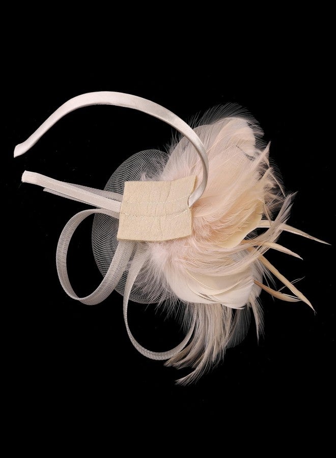 ايذلاند قبعة إيثلاند فاسيناتور مزينة بشرائط شبكية مزينة بالزهور والريش على طوق رأس ومشبك، مناسبة لحفلات الشاي، للبنات والسيدات، لون الشمبانيا - Image 4