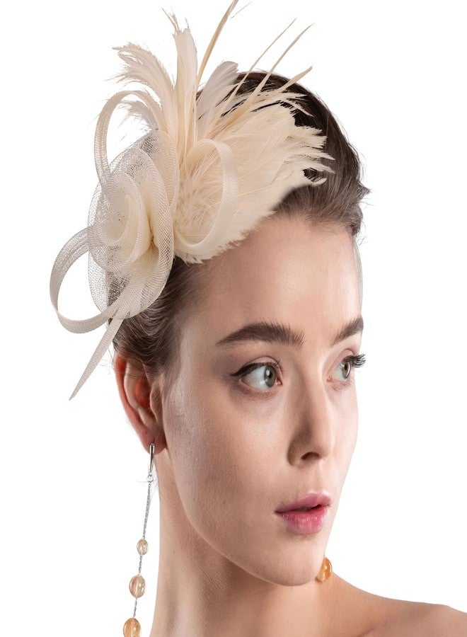 ايذلاند قبعة إيثلاند فاسيناتور مزينة بشرائط شبكية مزينة بالزهور والريش على طوق رأس ومشبك، مناسبة لحفلات الشاي، للبنات والسيدات، لون الشمبانيا - Image 1