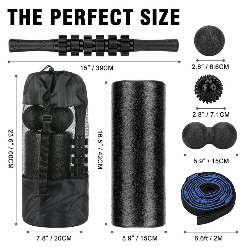 BORNEW Foam Roller Set - High Density Back Roller, Muscle Roller Stick,2 Foot Fasciitis Ball, Stretching Strap, Peanut Massage Ball for Whole Body Physical Therapy & Exercise, Back Pain, Leg, Deep Tissue - Image 2