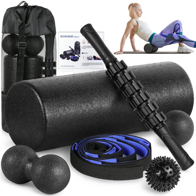 BORNEW Foam Roller Set - High Density Back Roller, Muscle Roller Stick,2 Foot Fasciitis Ball, Stretching Strap, Peanut Massage Ball for Whole Body Physical Therapy & Exercise, Back Pain, Leg, Deep Tissue - Image 1