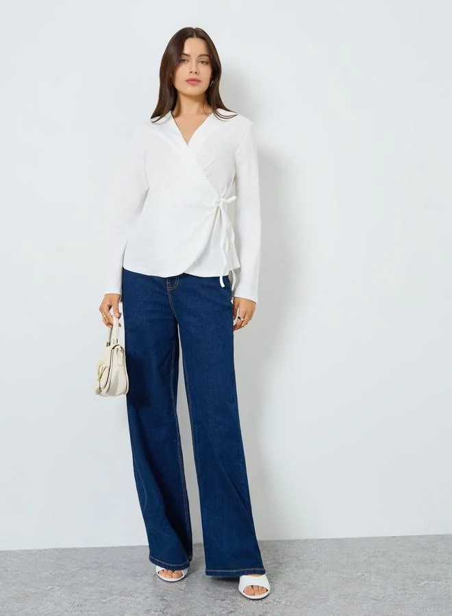 Styli White Solid Bell Sleeve Wrap Top