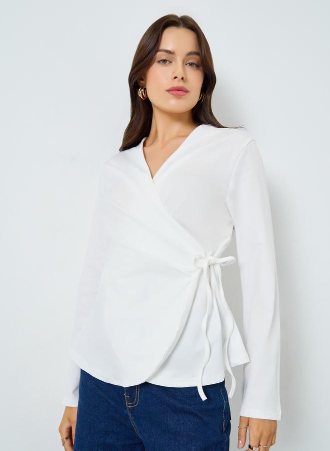 Styli White Solid Bell Sleeve Wrap Top - Image 1