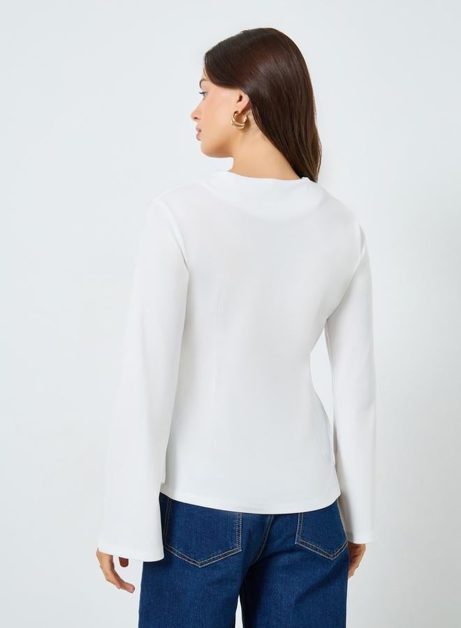 Styli White Solid Bell Sleeve Wrap Top - Image 5