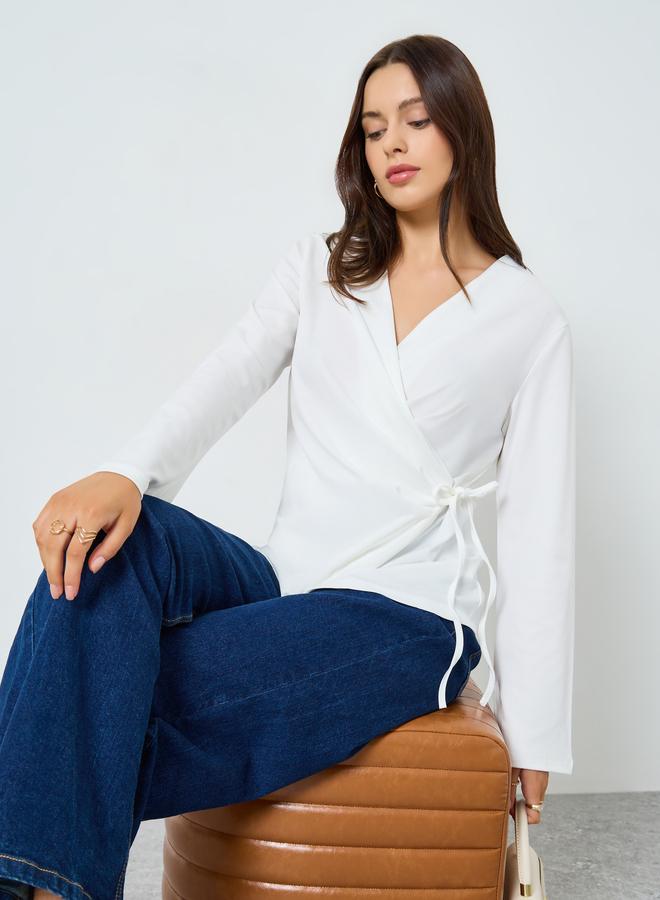 Styli White Solid Bell Sleeve Wrap Top - Image 3