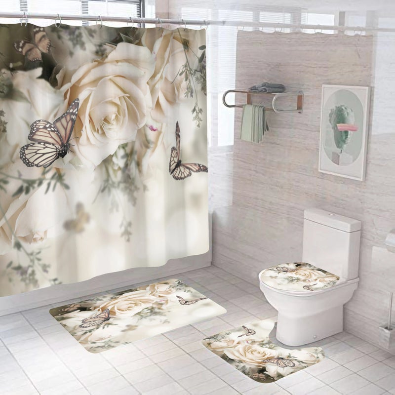 Y&D Butterfly Series 4-Piece Set Vintage Cartoon Mildew-Resistant Polyester Shower Curtain with Elegant 3-Piece Bathroom Mat - Image 1