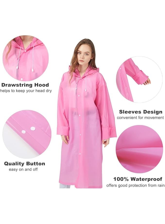 Reusable Adults Raincoats,Rain Ponchos with Hood Drawstring, Lightweight Rain Coat Waterproof 145LX68CM (Pink) - Image 2