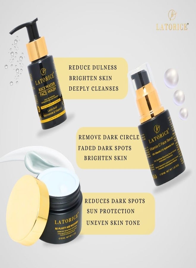 LATORICE Skincare Set - Rice Water Face Wash 50ml + 10% Vitamin C & Hyaluronic Acid Face Serum 30ml + Re-Plasty Age Recovery Cream 50ml | Skin Brightening, Hydration & Anti-Aging Solution for Glowing Skin - Image 2