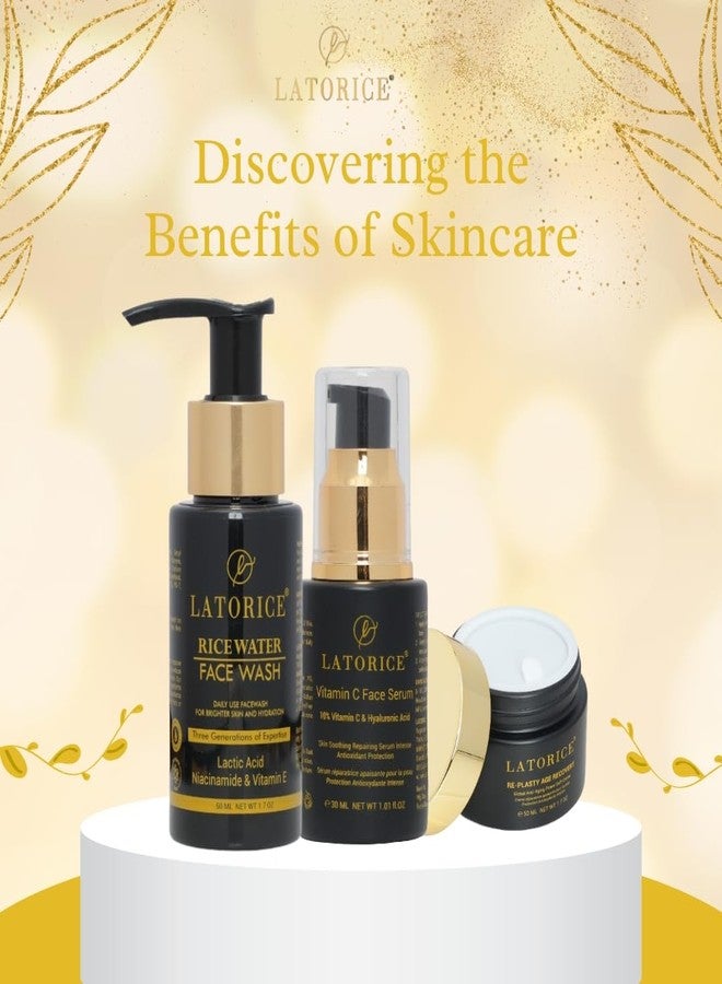 LATORICE Skincare Set - Rice Water Face Wash 50ml + 10% Vitamin C & Hyaluronic Acid Face Serum 30ml + Re-Plasty Age Recovery Cream 50ml | Skin Brightening, Hydration & Anti-Aging Solution for Glowing Skin - Image 4