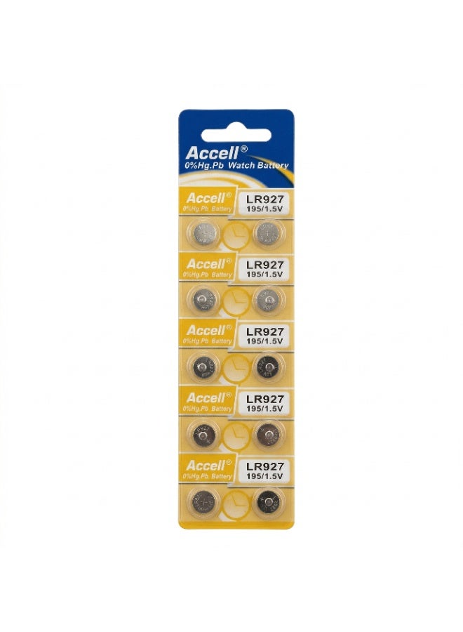 Accell LR927 AG7 Battery 1.5V (10-Pack) - Premium Alkaline Button Cell Watch Batteries - 0% Mercury & Lead, Leak-Proof Long-Lasting Power for Watches, Calculators & Toys (Replaces 195, 395, 399) - Image 1
