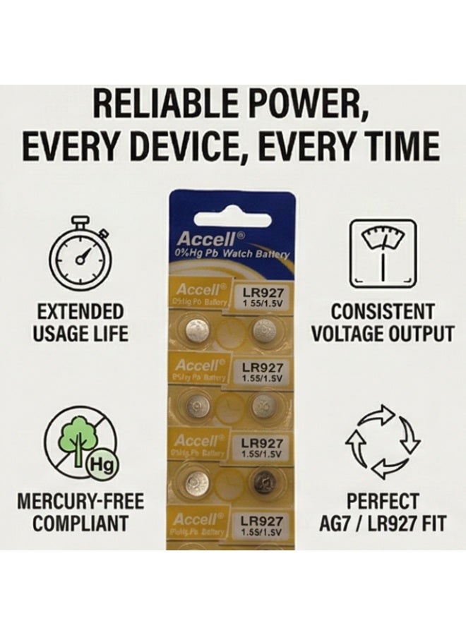 Accell LR927 AG7 Battery 1.5V (10-Pack) - Premium Alkaline Button Cell Watch Batteries - 0% Mercury & Lead, Leak-Proof Long-Lasting Power for Watches, Calculators & Toys (Replaces 195, 395, 399) - Image 2
