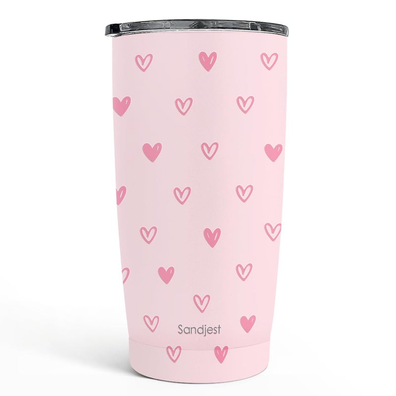 SANDJEST Heart Tumbler 20oz, Stainless Steel Travel Cup with Lid, Insulated Coffee Mug, Heart Gifts for Women Girls Friends Sisters on Birthday Christmas Valentine (Pink) - Image 1