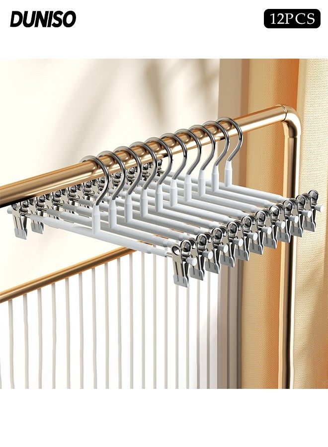 DUNISO 12 Pcs Pants Hangers with Clips，Adjustable Non Slip Clip Hangers，Space-Saving Clothes Pants Holders with 360 ° Swivel Hooks，for Shorts Bottom Jeans Trouser Leggings Skirts，White - Image 1
