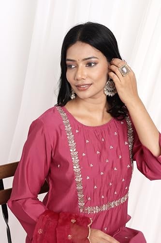 Kaari Women's Hand Embroidered Kurta Set with Dupatta - Straight Fit | Silk Blend Fabric with Dabka Work | Sequin Work Organza Dupatta | Straight Pant with Side Pocket | Kurta Set For Women - Image 2