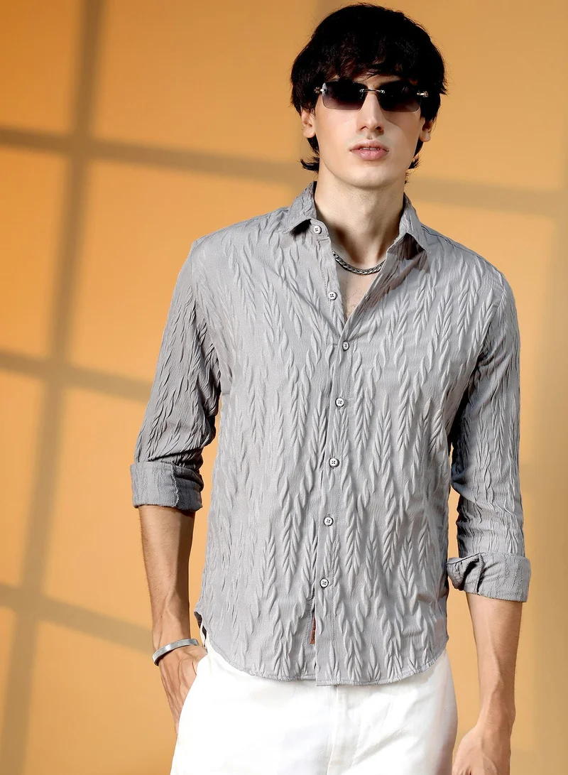 Campus Sutra Men's Coin Grey Grain-Textured Shirt