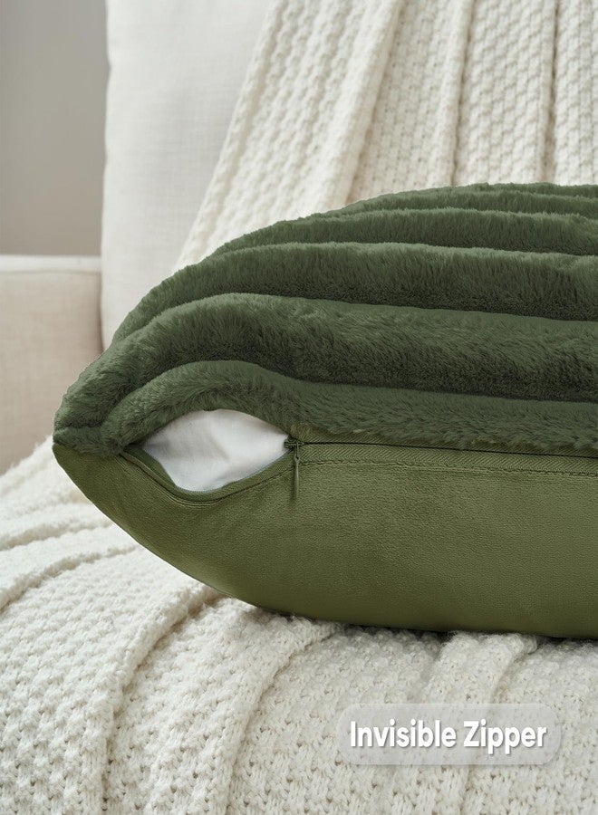 FUTEI Olive Green Striped Decorative Throw Pillow Covers 18x18 Inch Set of 2,Square Winter Decorations Couch Pillow Case,Soft Cozy Faux Rabbit Fur & Velvet Back,Modern Home Decor for Bed - Image 3