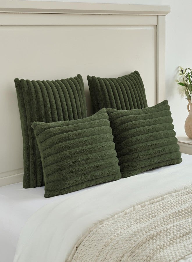 FUTEI Olive Green Striped Decorative Throw Pillow Covers 18x18 Inch Set of 2,Square Winter Decorations Couch Pillow Case,Soft Cozy Faux Rabbit Fur & Velvet Back,Modern Home Decor for Bed - Image 5