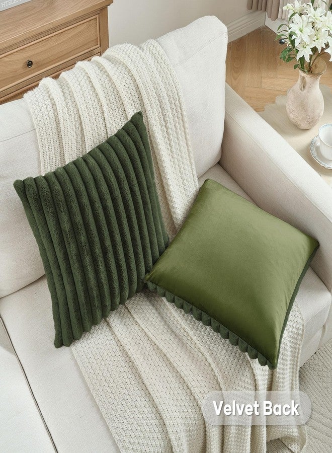 FUTEI Olive Green Striped Decorative Throw Pillow Covers 18x18 Inch Set of 2,Square Winter Decorations Couch Pillow Case,Soft Cozy Faux Rabbit Fur & Velvet Back,Modern Home Decor for Bed - Image 4