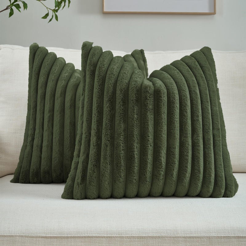 FUTEI Olive Green Striped Decorative Throw Pillow Covers 18x18 Inch Set of 2,Square Winter Decorations Couch Pillow Case,Soft Cozy Faux Rabbit Fur & Velvet Back,Modern Home Decor for Bed - Image 1