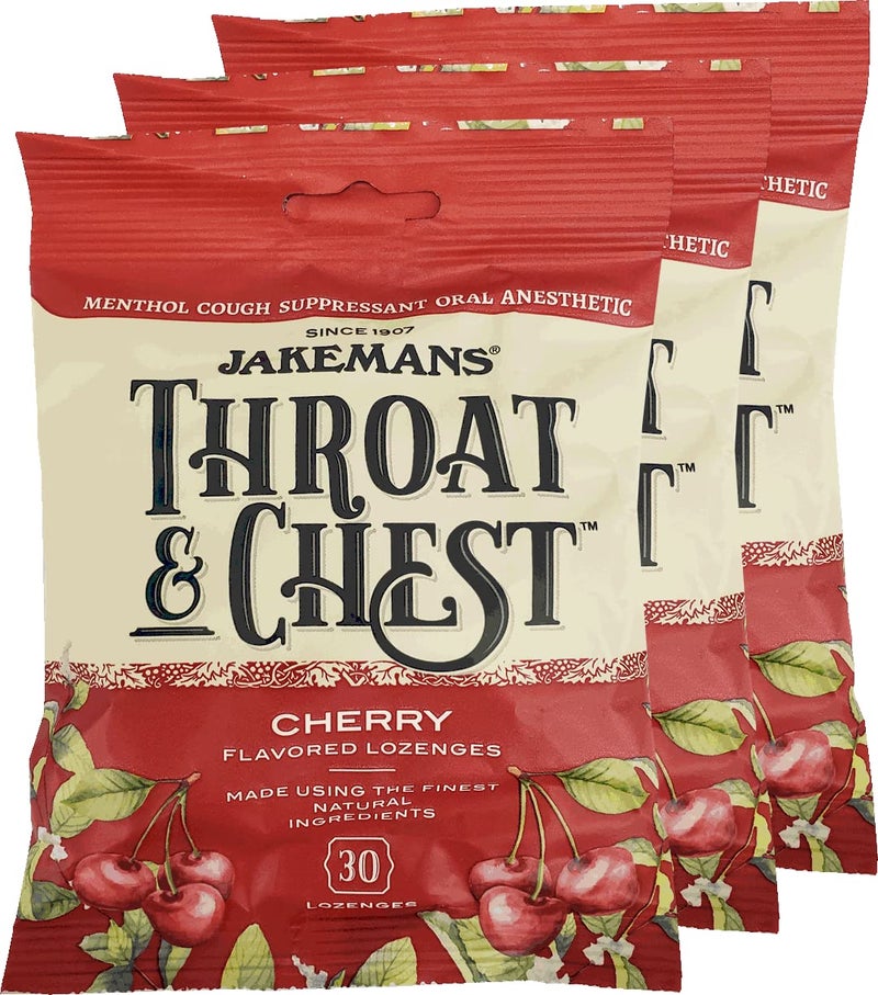 Jakemans Cherry Throat & Chest Lozenges Cough Drops â€“ Cough, Sore Throat and Seasonal Distress Soothing Relief â€“ Liquid Drop Shape â€“ 30 Lozenges (3 Pack) - Image 1
