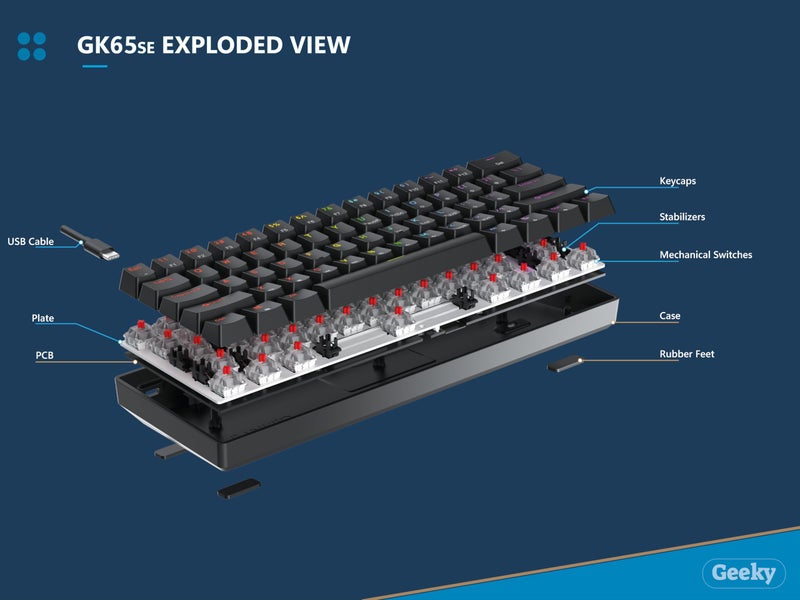 Geeky GK65 SE 65% | Mechanical Gaming Keyboard | 68 Keys Multi Color RGB LED Backlit for PC/Mac Gamer | ANSI US American Layout (Black, Mechanical Speed Silver) - Image 3